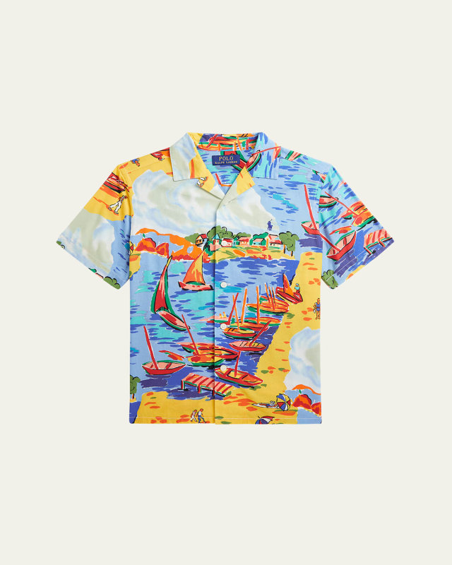 Boy's Italian Riviera-Printed Button Down Shirt, Size S-XL